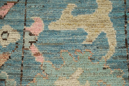 Teal and Blush Pink 8x10 Hand Knotted Romantic Oushak All-Over Bold Floral Scatter Wool Area Rug 