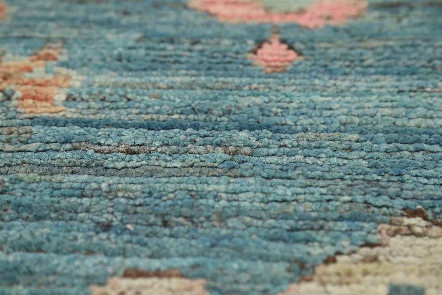 Teal and Blush Pink 8x10 Hand Knotted Romantic Oushak All-Over Bold Floral Scatter Wool Area Rug 