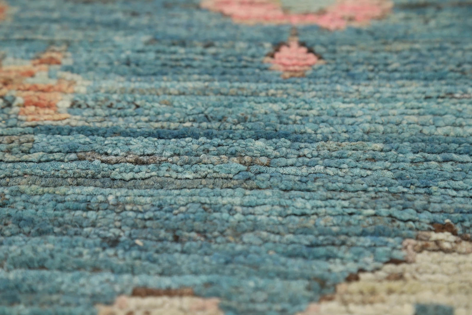 Teal and Blush Pink 8x10 Hand Knotted Romantic Oushak All-Over Bold Floral Scatter Wool Area Rug 