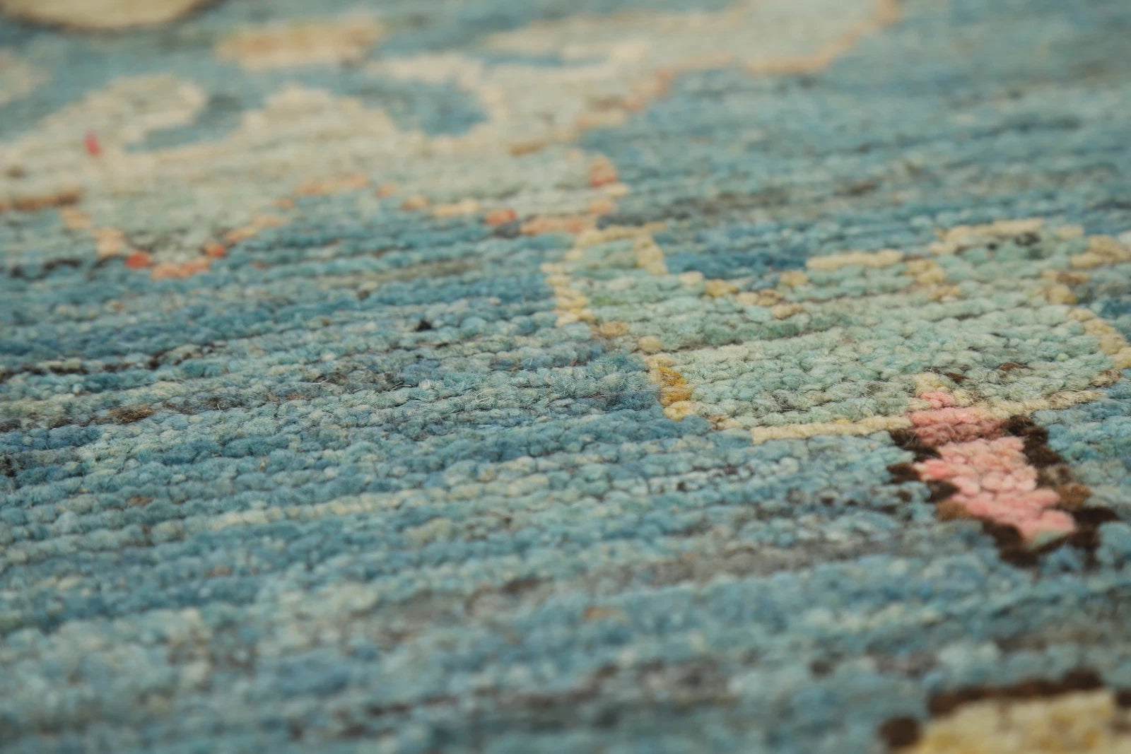 Teal and Blush Pink 8x10 Hand Knotted Romantic Oushak All-Over Bold Floral Scatter Wool Area Rug 