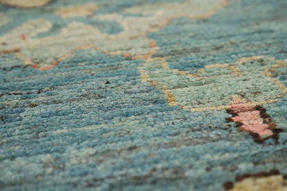 Teal and Blush Pink 8x10 Hand Knotted Romantic Oushak All-Over Bold Floral Scatter Wool Area Rug 