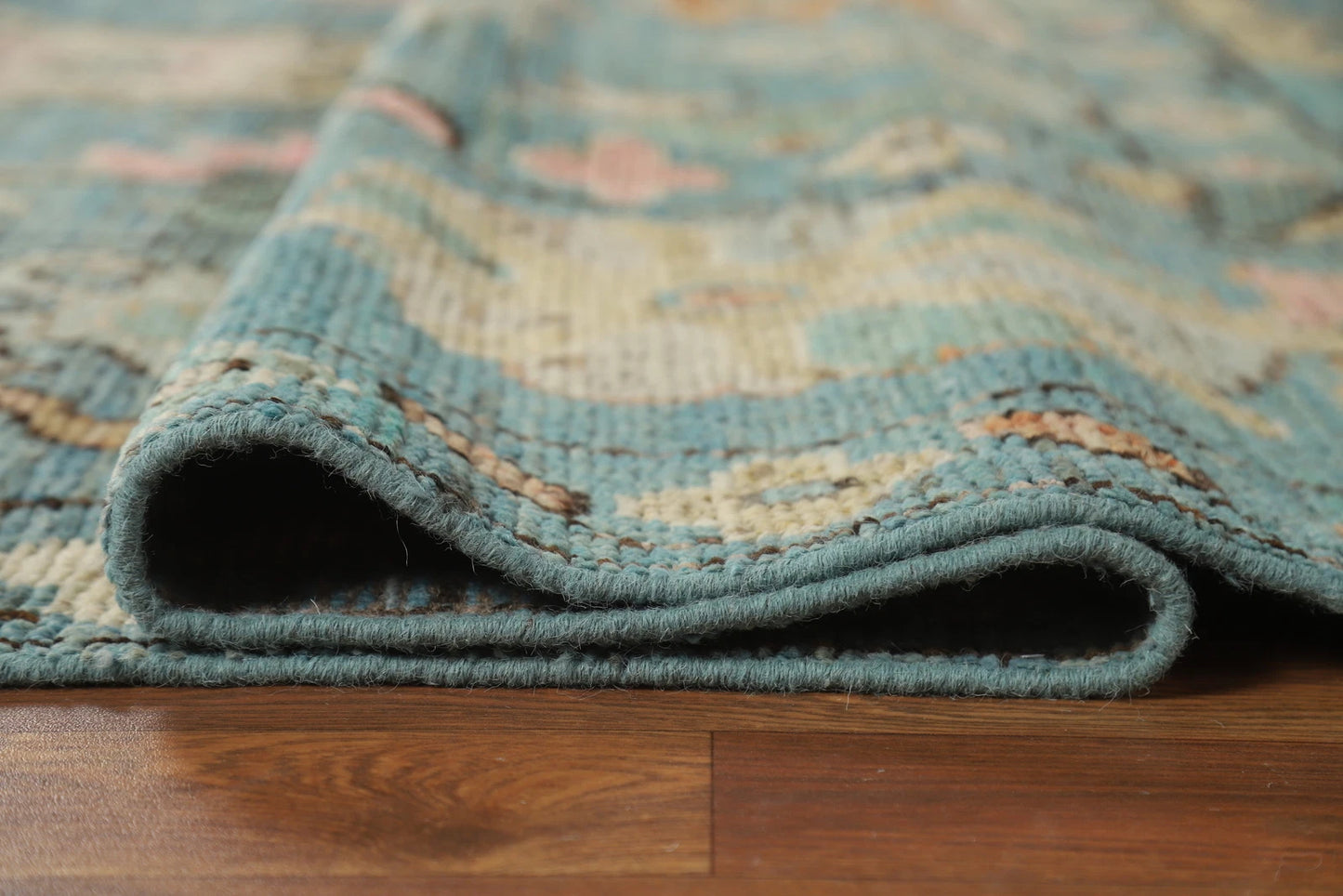 Teal and Blush Pink 8x10 Hand Knotted Romantic Oushak All-Over Bold Floral Scatter Wool Area Rug 