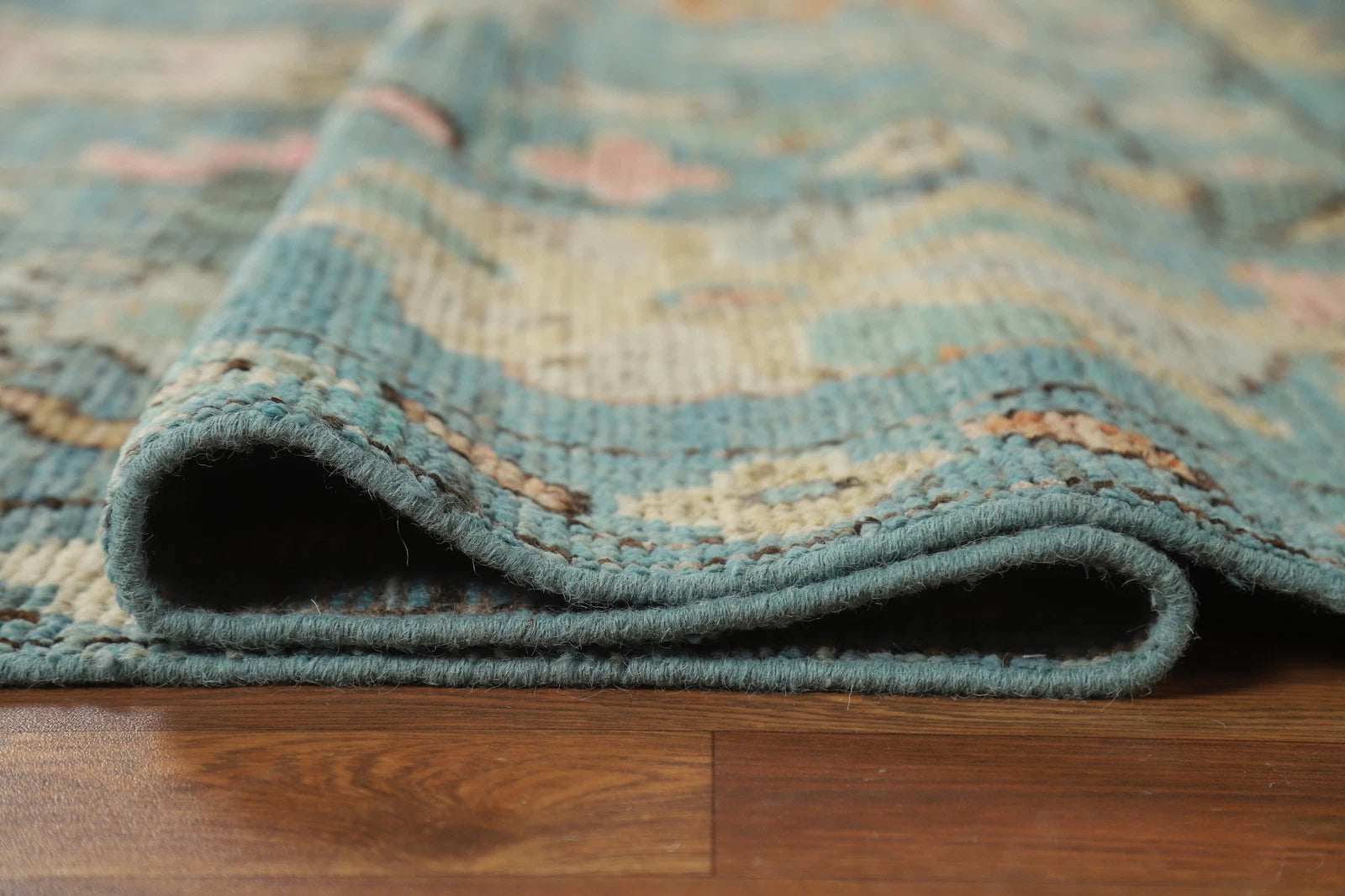 Teal and Blush Pink 8x10 Hand Knotted Romantic Oushak All-Over Bold Floral Scatter Wool Area Rug 