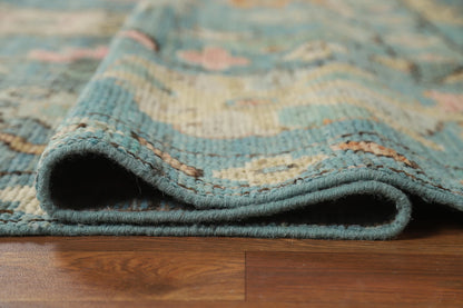 Teal and Blush Pink 8x10 Hand Knotted Romantic Oushak All-Over Bold Floral Scatter Wool Area Rug 