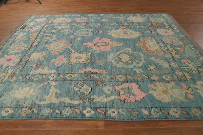 Teal and Blush Pink 8x10 Hand Knotted Romantic Oushak All-Over Bold Floral Scatter Wool Area Rug 