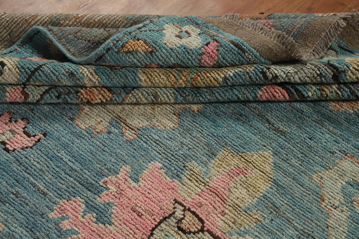 Teal and Blush Pink 8x10 Hand Knotted Romantic Oushak All-Over Bold Floral Scatter Wool Area Rug 