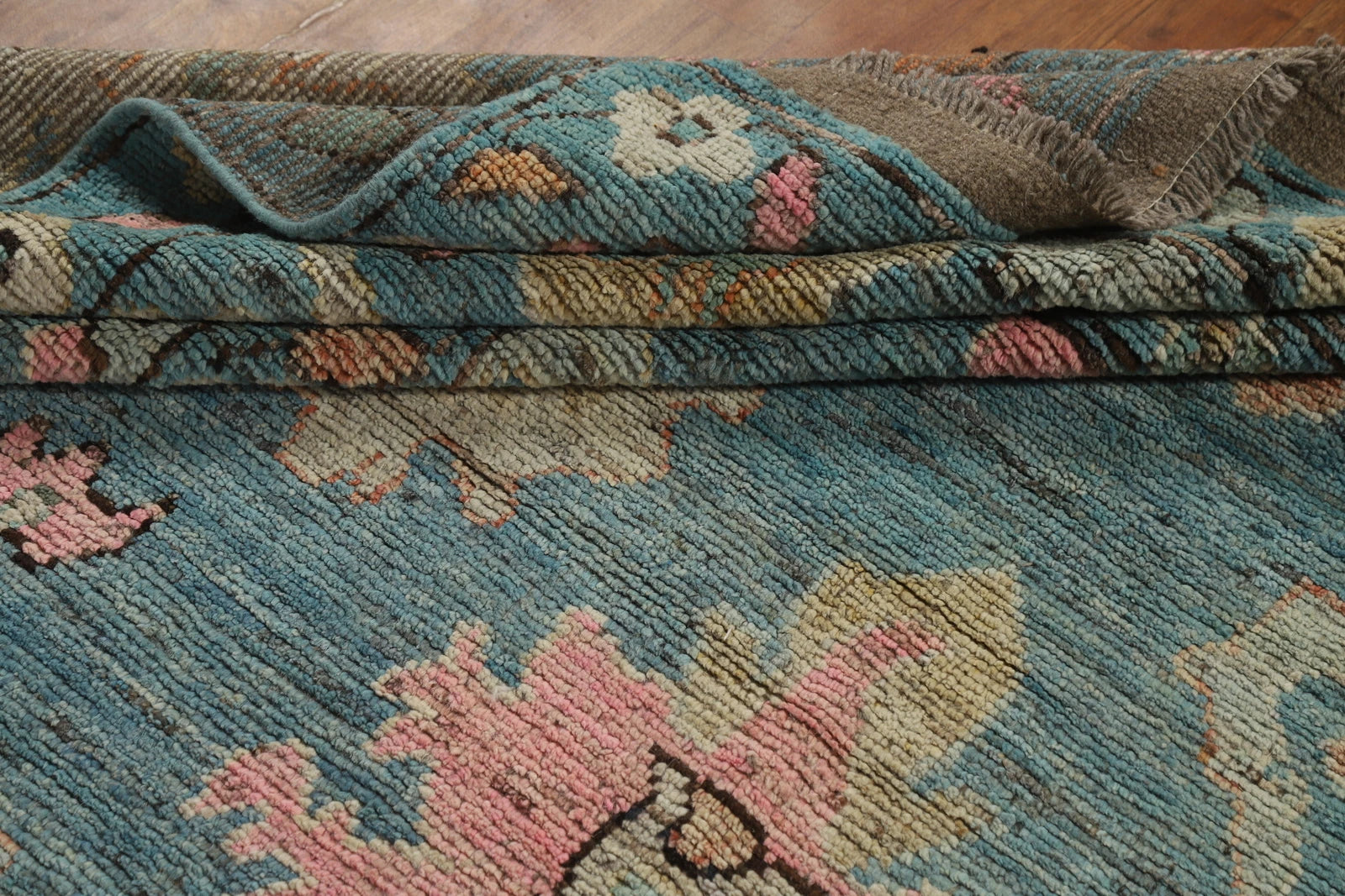 Teal and Blush Pink 8x10 Hand Knotted Romantic Oushak All-Over Bold Floral Scatter Wool Area Rug 