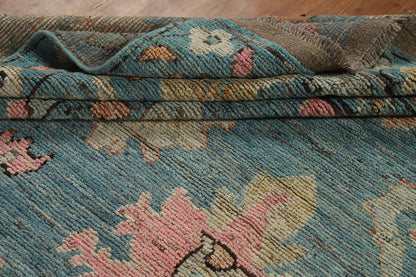 Teal and Blush Pink 8x10 Hand Knotted Romantic Oushak All-Over Bold Floral Scatter Wool Area Rug 