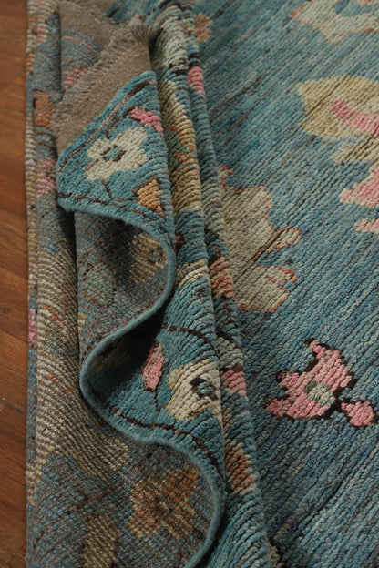Teal and Blush Pink 8x10 Hand Knotted Romantic Oushak All-Over Bold Floral Scatter Wool Area Rug 