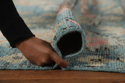 Teal and Blush Pink 8x10 Hand Knotted Romantic Oushak All-Over Bold Floral Scatter Wool Area Rug 