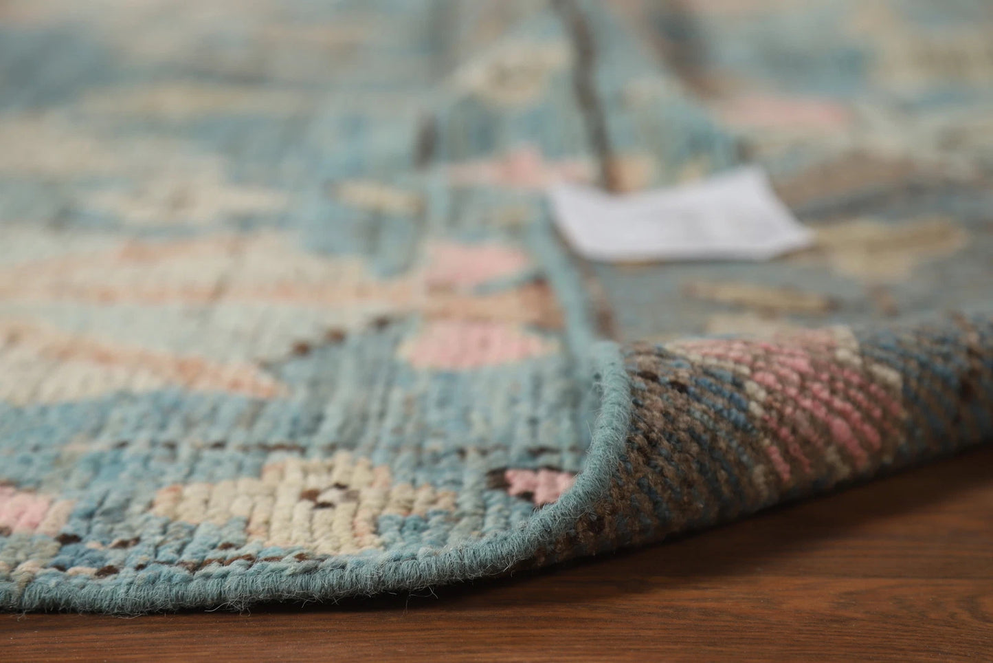 Teal and Blush Pink 8x10 Hand Knotted Romantic Oushak All-Over Bold Floral Scatter Wool Area Rug 