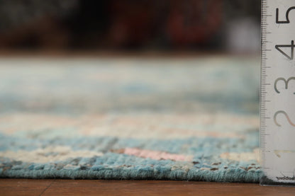 Teal and Blush Pink 8x10 Hand Knotted Romantic Oushak All-Over Bold Floral Scatter Wool Area Rug 