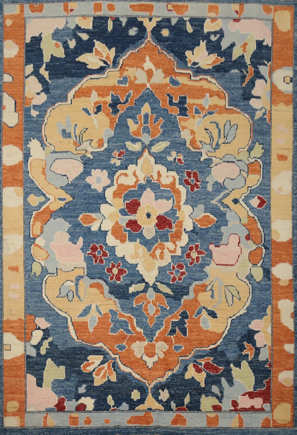 8x10 Majestic Indigo Navy and Burnt Orange Heriz Serapi Hand Knotted Large Medallion Antique Wool Area Rug