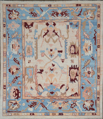 Vintage Look Turkish Oushak Traditional Hand-Knotted Ivory and Blue 8x10 Wool Area Rug