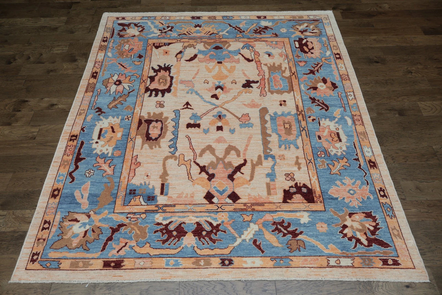 Vintage Look Turkish Oushak Traditional Hand-Knotted Ivory and Blue 8x10 Wool Area Rug