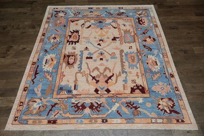Vintage Look Turkish Oushak Traditional Hand-Knotted Ivory and Blue 8x10 Wool Area Rug 
