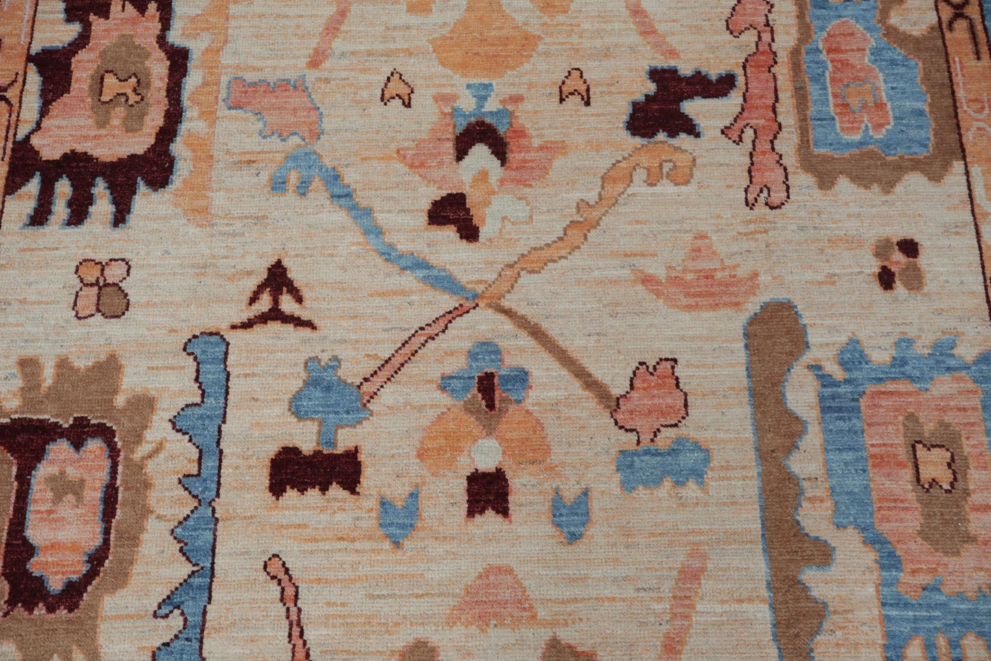 Vintage Look Turkish Oushak Traditional Hand-Knotted Ivory and Blue 8x10 Wool Area Rug