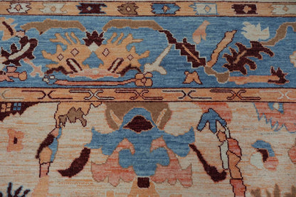 Vintage Look Turkish Oushak Traditional Hand-Knotted Ivory and Blue 8x10 Wool Area Rug 