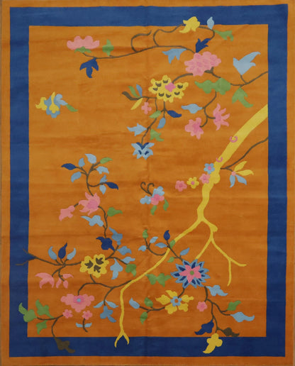 Art Deco Chinese Floral Hand Knotted Wool Silk Rug 8x10 Orange Blue Pink Botanical