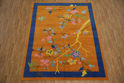 Art Deco Chinese Floral Hand Knotted Wool Silk Rug 8x10 Orange Blue Pink Botanical