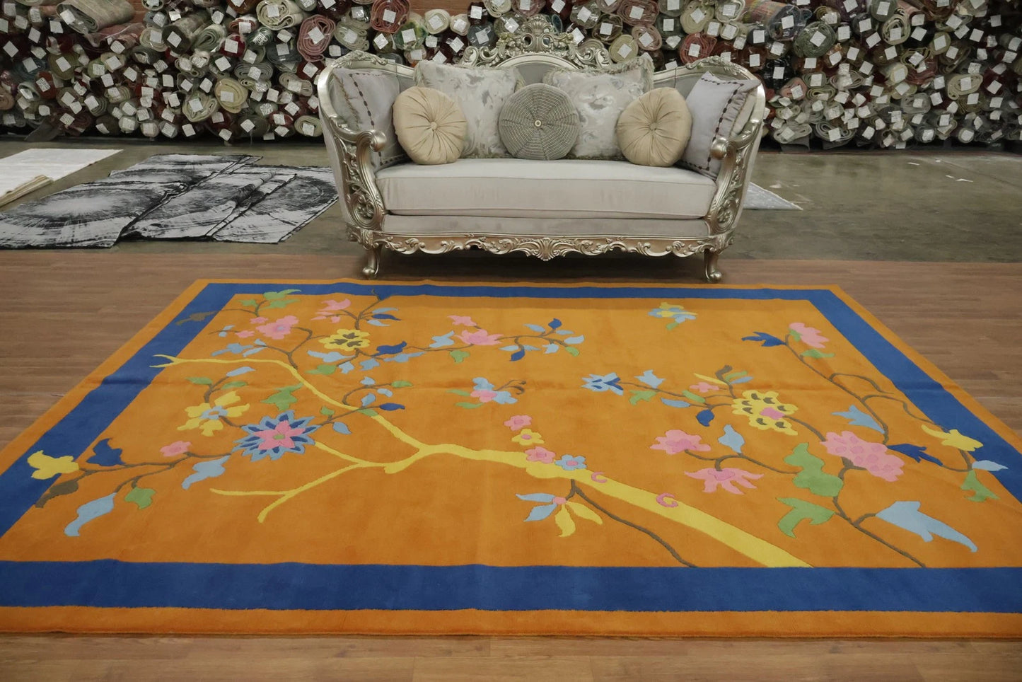 Art Deco Chinese Floral Hand Knotted Wool Silk Rug 8x10 Orange Blue Pink Botanical