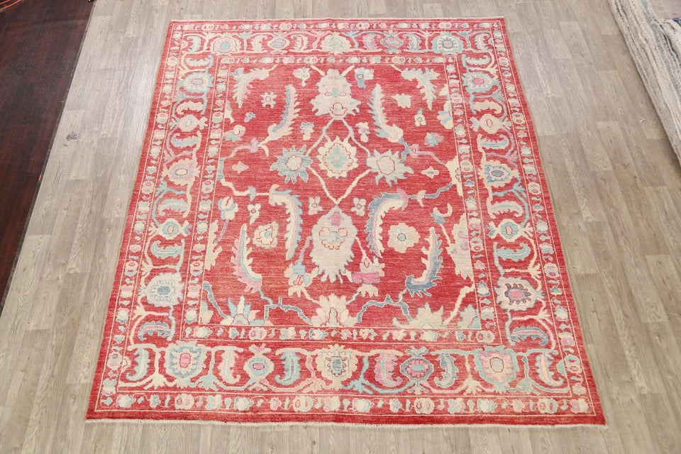 Hand Knotted Oushak Bold Crimson Red and Ivory 8x10 All-Over Large Floral Vine Scroll Antique Wool Area Rug