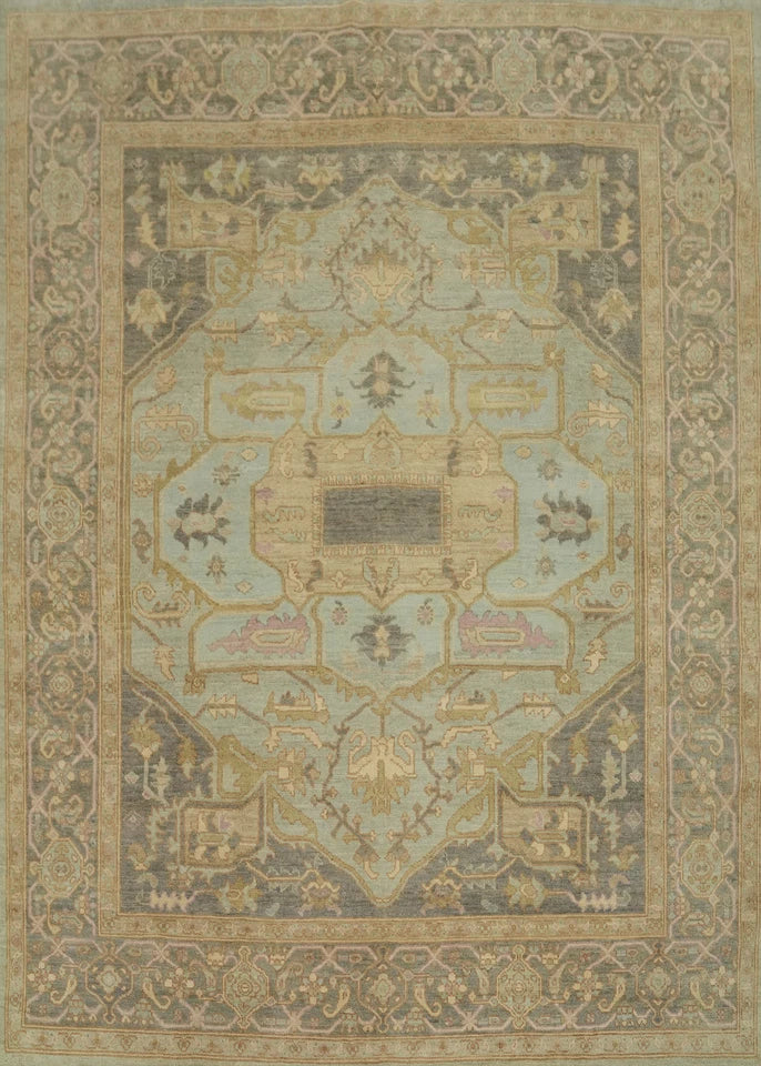 Antique Heriz Serapi Diamond Medallion Powder Blue and Mushroom Hand Knotted 8x10 Wool Area Rug