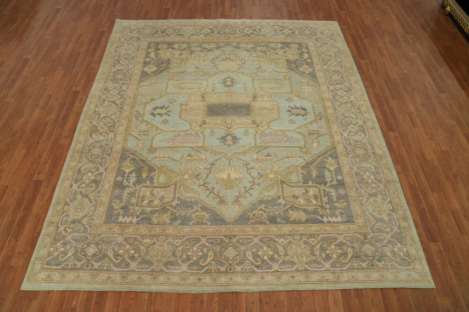 Antique Heriz Serapi Diamond Medallion Powder Blue and Mushroom Hand Knotted 8x10 Wool Area Rug