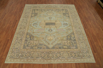 Antique Heriz Serapi Diamond Medallion Powder Blue and Mushroom Hand Knotted 8x10 Wool Area Rug