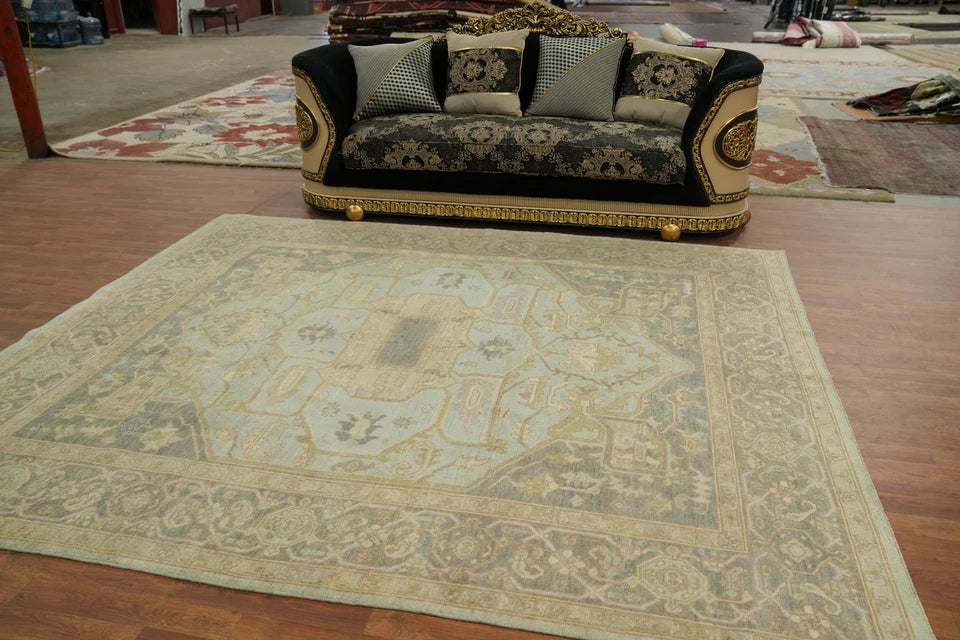 Antique Heriz Serapi Diamond Medallion Powder Blue and Mushroom Hand Knotted 8x10 Wool Area Rug