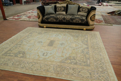 Antique Heriz Serapi Diamond Medallion Powder Blue and Mushroom Hand Knotted 8x10 Wool Area Rug