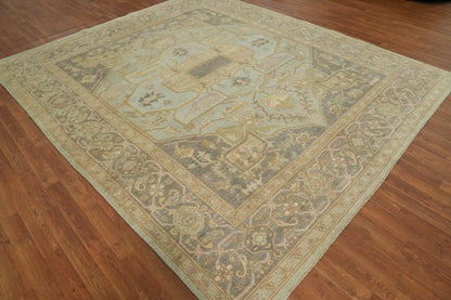 Antique Heriz Serapi Diamond Medallion Powder Blue and Mushroom Hand Knotted 8x10 Wool Area Rug
