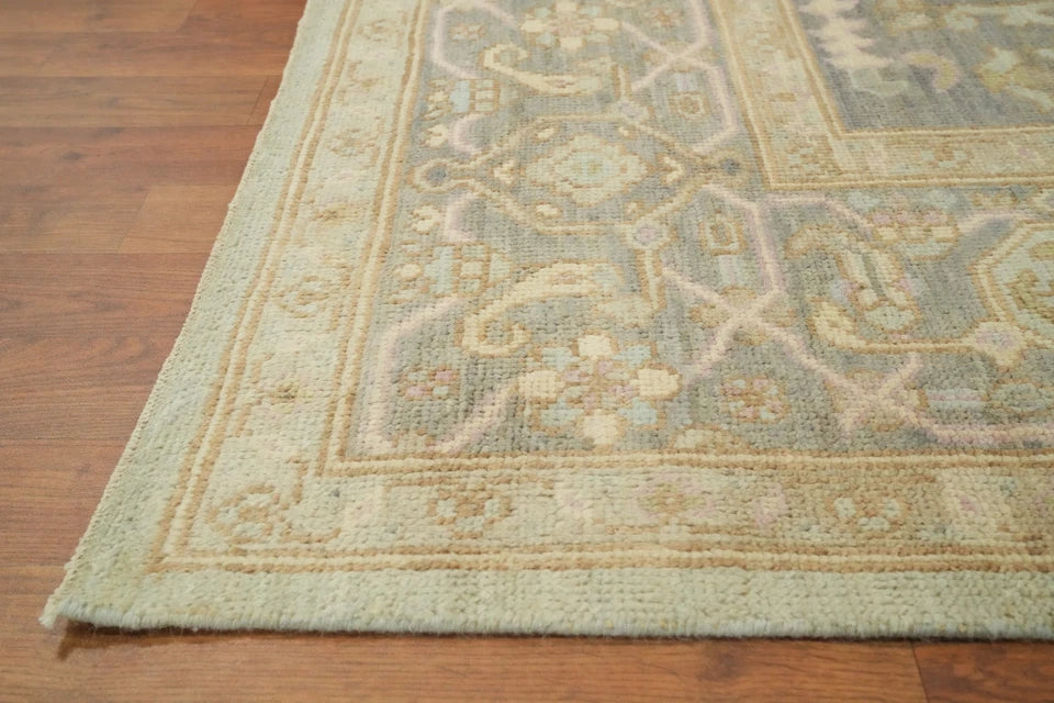 Antique Heriz Serapi Diamond Medallion Powder Blue and Mushroom Hand Knotted 8x10 Wool Area Rug
