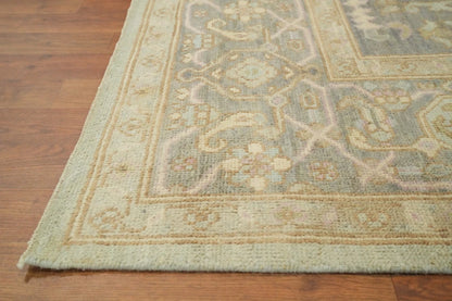 Antique Heriz Serapi Diamond Medallion Powder Blue and Mushroom Hand Knotted 8x10 Wool Area Rug