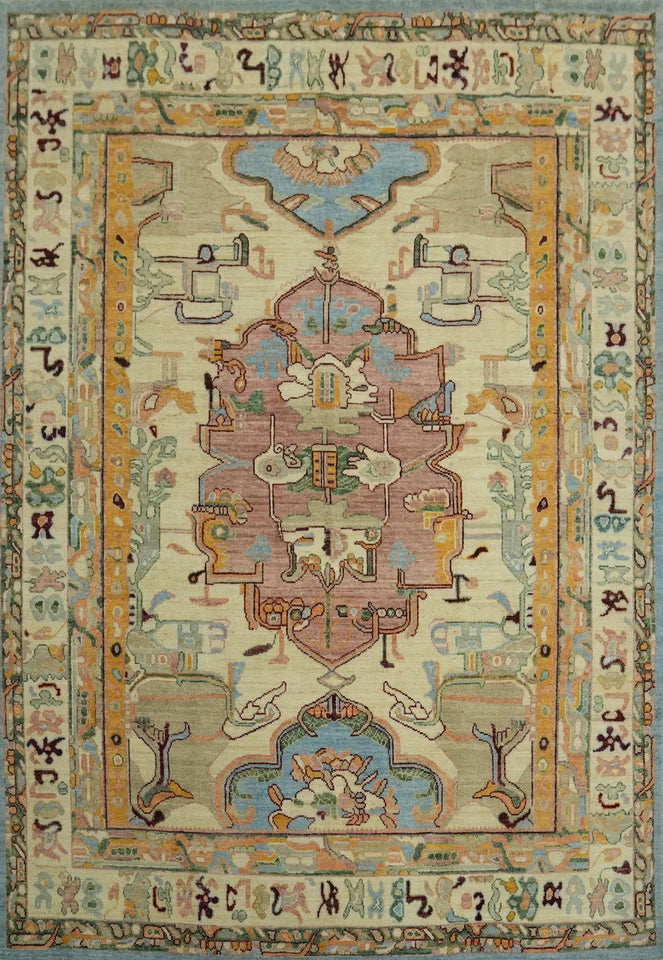 Ivory and Mauve Rose 8x10 Hand Knotted Artistic Heriz Serapi Geometric Medallion Folk Art Wool Area Rug