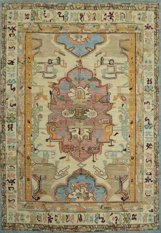 Ivory and Mauve Rose 8x10 Hand Knotted Artistic Heriz Serapi Geometric Medallion Folk Art Wool Area Rug