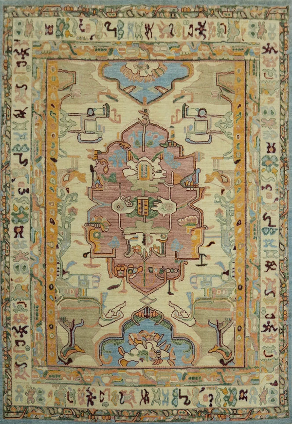 Ivory and Mauve Rose 8x10 Hand Knotted Artistic Heriz Serapi Geometric Medallion Folk Art Wool Area Rug