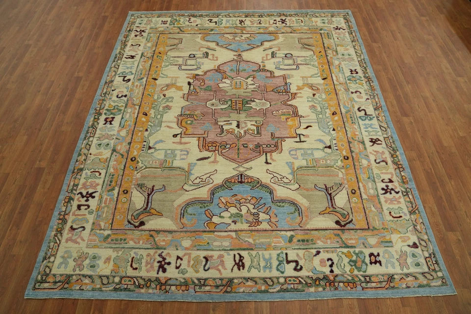 Ivory and Mauve Rose 8x10 Hand Knotted Artistic Heriz Serapi Geometric Medallion Folk Art Wool Area Rug