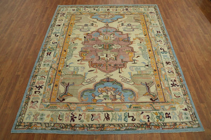 Ivory and Mauve Rose 8x10 Hand Knotted Artistic Heriz Serapi Geometric Medallion Folk Art Wool Area Rug