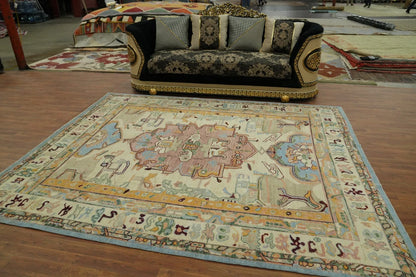 Ivory and Mauve Rose 8x10 Hand Knotted Artistic Heriz Serapi Geometric Medallion Folk Art Wool Area Rug