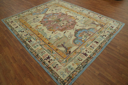 Ivory and Mauve Rose 8x10 Hand Knotted Artistic Heriz Serapi Geometric Medallion Folk Art Wool Area Rug