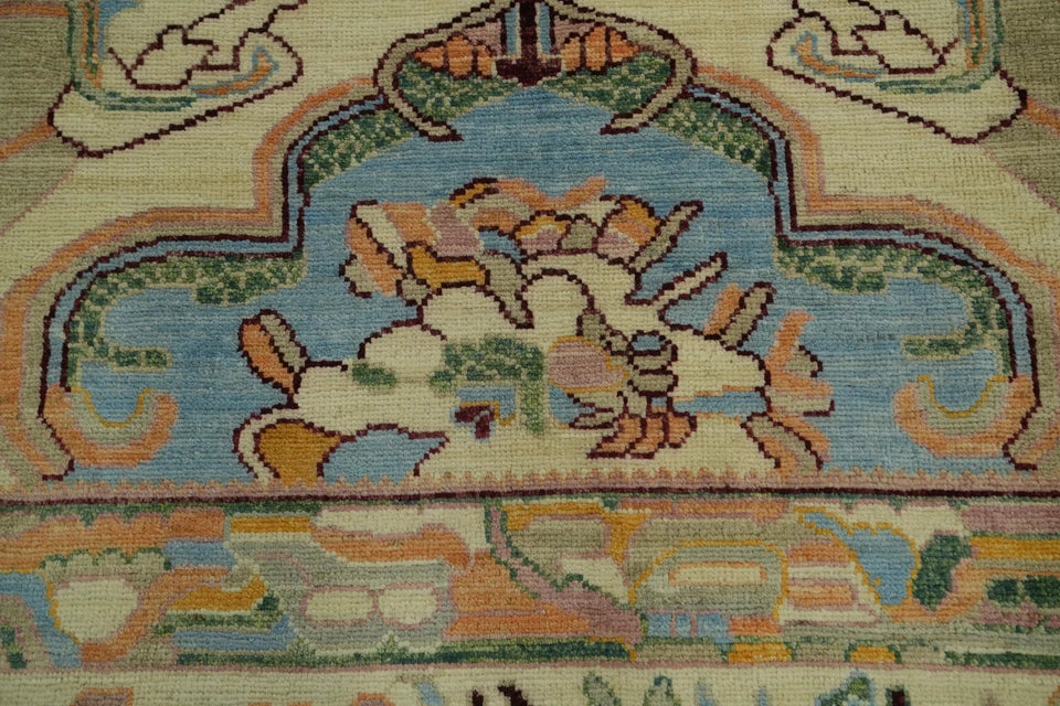 Ivory and Mauve Rose 8x10 Hand Knotted Artistic Heriz Serapi Geometric Medallion Folk Art Wool Area Rug