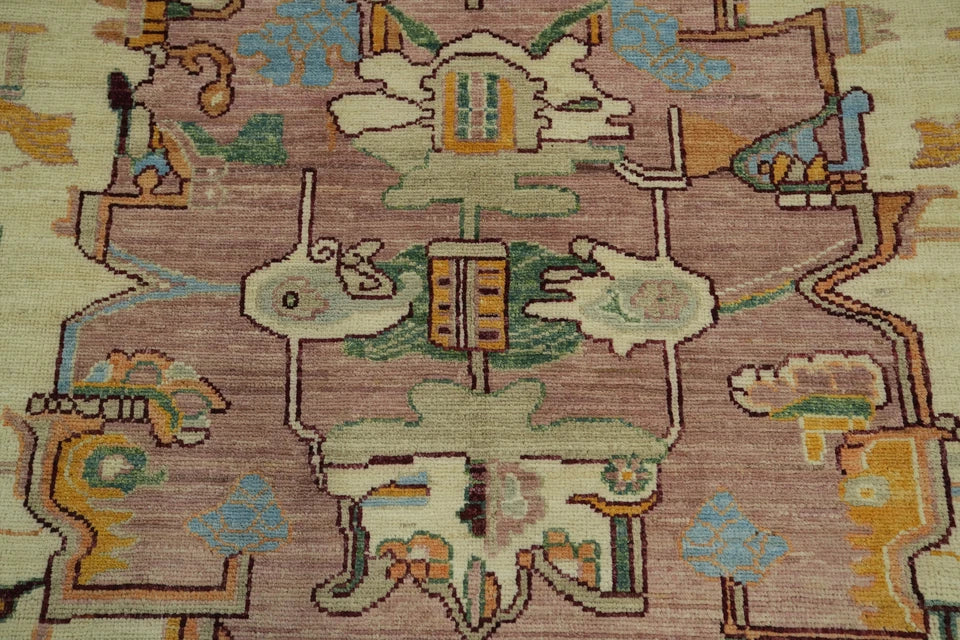 Ivory and Mauve Rose 8x10 Hand Knotted Artistic Heriz Serapi Geometric Medallion Folk Art Wool Area Rug
