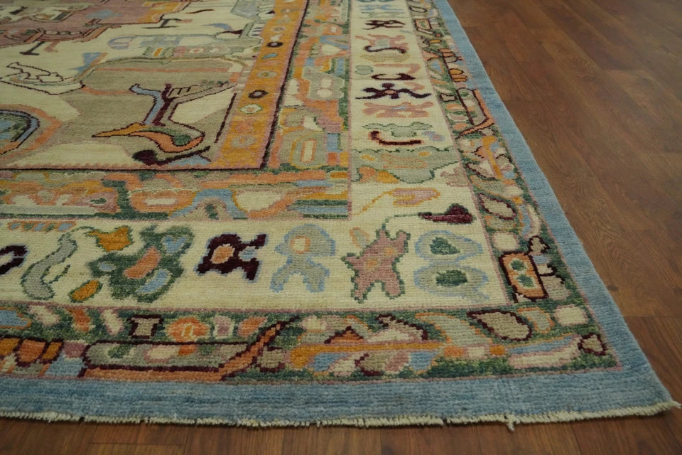 Ivory and Mauve Rose 8x10 Hand Knotted Artistic Heriz Serapi Geometric Medallion Folk Art Wool Area Rug