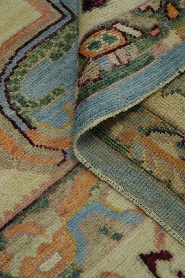 Ivory and Mauve Rose 8x10 Hand Knotted Artistic Heriz Serapi Geometric Medallion Folk Art Wool Area Rug
