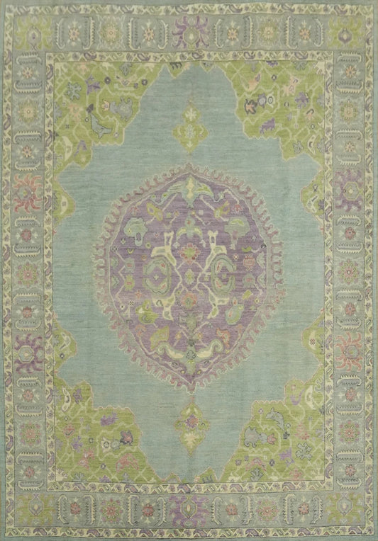 Heriz Serapi Oval Medallion Duck Egg Blue and Lavender Hand Knotted 8x10 Chartreuse Floral Wool Area Rug