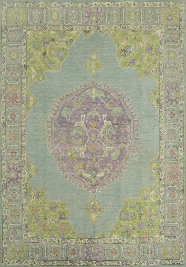 Heriz Serapi Oval Medallion Duck Egg Blue and Lavender Hand Knotted 8x10 Chartreuse Floral Wool Area Rug