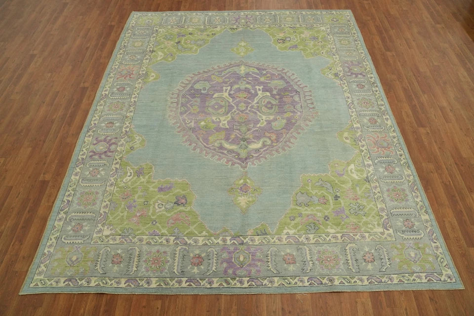 Heriz Serapi Oval Medallion Duck Egg Blue and Lavender Hand Knotted 8x10 Chartreuse Floral Wool Area Rug