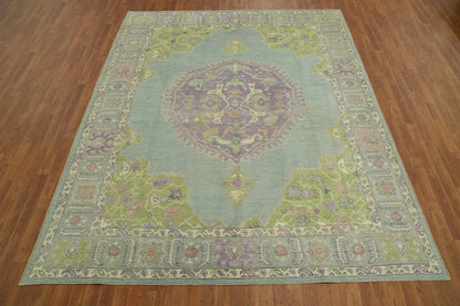 Heriz Serapi Oval Medallion Duck Egg Blue and Lavender Hand Knotted 8x10 Chartreuse Floral Wool Area Rug