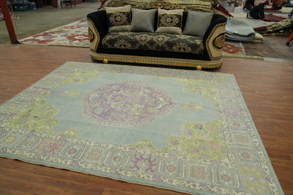 Heriz Serapi Oval Medallion Duck Egg Blue and Lavender Hand Knotted 8x10 Chartreuse Floral Wool Area Rug